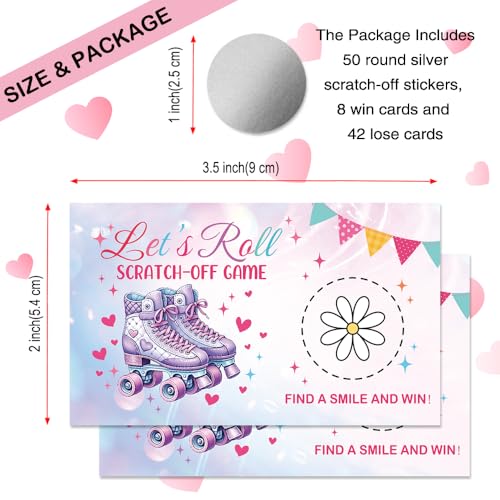 50 Pcs Let's Roll Theme Scratch off Game Cards, Roller Skate Themed Party Games Scratch Cards for Outdoor Fun, Funny Birthday Party Raffle Tickets for Lottery Group Activity - color: Pink Purple