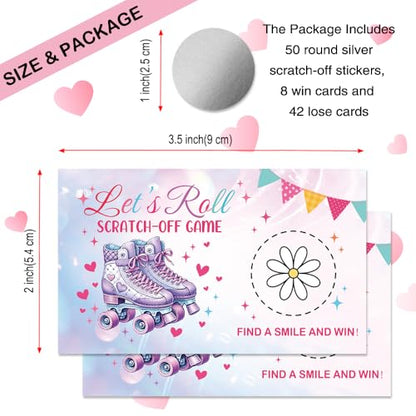 50 Pcs Let's Roll Theme Scratch off Game Cards, Roller Skate Themed Party Games Scratch Cards for Outdoor Fun, Funny Birthday Party Raffle Tickets for Lottery Group Activity - color: Pink Purple