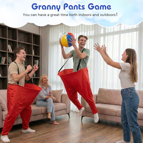 2 Pcs Granny Pants Yard Game with Suspenders, 16 Bouncy Balls & 2 Pumps - Hilarious Outdoor Party Game for Adults, Kids, Family Reunions & Field Days - color: Classic Red & Green