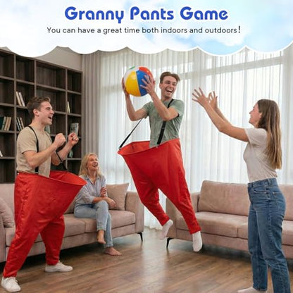 2 Pcs Granny Pants Yard Game with Suspenders, 16 Bouncy Balls & 2 Pumps - Hilarious Outdoor Party Game for Adults, Kids, Family Reunions & Field Days - color: Classic Red & Green