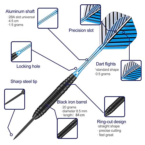 Darts Metal Tip Set - 3 Pack Professional 22 Grams Steel Tip Darts with Slim Case Black Purple Blue Aluminum Shafts 9 Flights 50 Rubber O'Rings 1 Dart Sharpener 12 Spring Rings - color: 22 Grams - blue