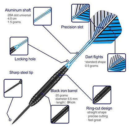 Darts Metal Tip Set - 3 Pack Professional 22 Grams Steel Tip Darts with Slim Case Black Purple Blue Aluminum Shafts 9 Flights 50 Rubber O'Rings 1 Dart Sharpener 12 Spring Rings - color: 22 Grams - blue