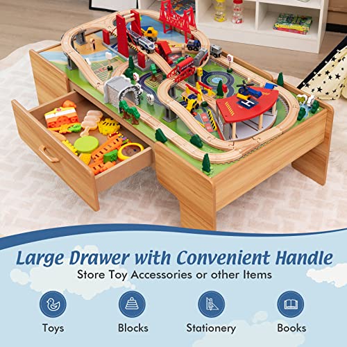 Costzon 2-in-1 Wooden Train Table with Storage Drawer | Kids Activity Table w/ 100 Pieces Railway, Track, Cars, City, DIY Design, Reversible Tabletop, Gift for Boys Girls - size: 48" x 24.5" x 16" (L x W x H)