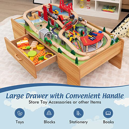 Costzon 2-in-1 Wooden Train Table with Storage Drawer | Kids Activity Table w/ 100 Pieces Railway, Track, Cars, City, DIY Design, Reversible Tabletop, Gift for Boys Girls - size: 48" x 24.5" x 16" (L x W x H)