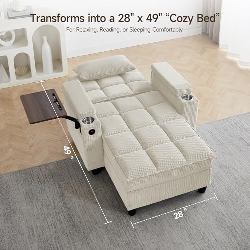 oaaktu Modern Tufted Linen Fabric Chaise Lounge Sofa Chair with Rotating Side Table,Storage,Pillow,USB Charging Ports and Adjustable Backrest Perfect for Living Room, Small Spaces (12-Beige) - color: 12-beige