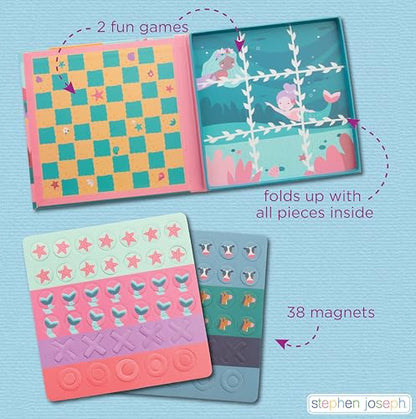 Stephen Joseph, Magnetic Checkers and Tic-Tac-Toe, 40 pc Magnetic 2 in 1 Travel Play Set – Fun Game for Families, Ideal for Ages 3+ – Travel Game for Kids with Travel Tin, Mermaid