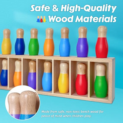 pamexin Family Games for Kids, Wooden Bowling Color Matching Game with 7 Bright Pins and Storage Bag, Family Board Games Party Birthday Gift, Fun Party Game for Boys Girls