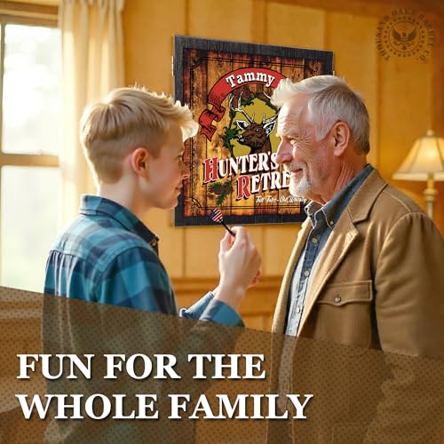 Personalized Dart Board Cabinet Set with 6 Steel Tip Darts, Paper Dartboard, Chalk & Eraser (21.5 x 21.5 x 2.75) - Man Cave Dart Boards for Adults - style: Hunter's Retreat