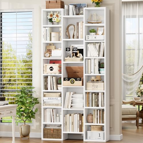 FOTOSOK 71'' White Bookshelf with 21 Cubes, 8 Tier Triple Wide Tall Bookshelf with 8 Adjustable Shelves, 35" Large Bookcase DVD/CD Media Tower Storage, Freestanding Display Shelf Cabinet, White - color: White