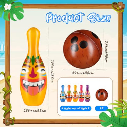 12 Pcs Bowling Set, 10 Soft Pins and 2 Cocout Balls for Kids Toddlers Tropical Hawaiian Luau Summer Birthday Party Games Indoor Outdoor Activities