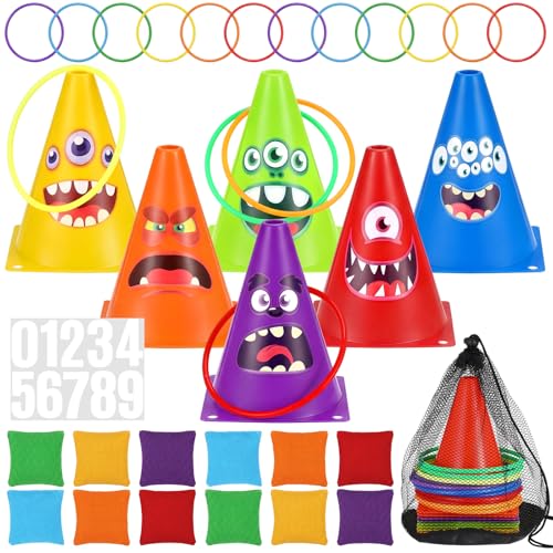 RoundFunny 12set 3 in 1 Monsters Ring Toss Game Set, Carnival Game Kit with Cones, Rings, Bean Bags & Storage Bag, Includes for DIY Toss Games, Birthday Party, Easter, Carnival - style: Monster