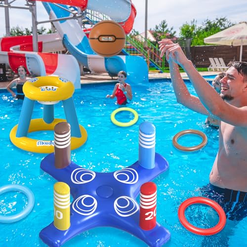 Max Fun Pool Toys Games Set, Inflatable Cross Ring Toss Games, Floating Pool Basketball Hoop, Inflatable Cactus Pool Floats for Kids Teens Adults Swimming Water Toys (3-Piece Set)