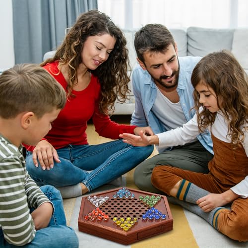 14.2" Wooden Chinese Checkers Board Game with Storage Drawer | 6-Player Marble Strategy Game | Classic Family Board Game for Kids & Adults | 16mm 60+12 Colorful Glass Marbles, More Easy Grasping