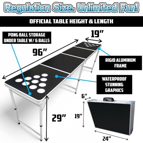 8-Foot Regulation Length Folding Table w/Optional Cup Holes, LED Lights, Custom Graphic (Choose Your Model) - color: Black, style: w/ Cup Holes