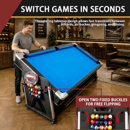 4-in-1 Multi Game Table – Pool Table,Air Hockey Table,Ping Pong Table & Dining Table Combo with Flip-Top Design,Includes Full Accessories.7ft Billiard Tables for Living Room,Bar,and Game Room. - color: Blue