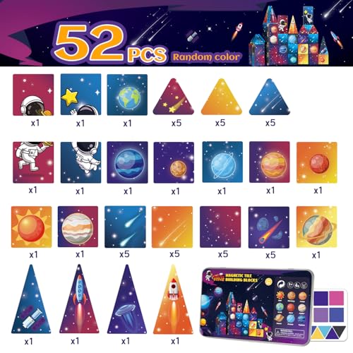 Mini Magnetic Tiles Travel Set, 31Pcs STEM Travel Magnatiles with Metal Case, Space Theme Educational & Creative Magnet Tiles for Kids