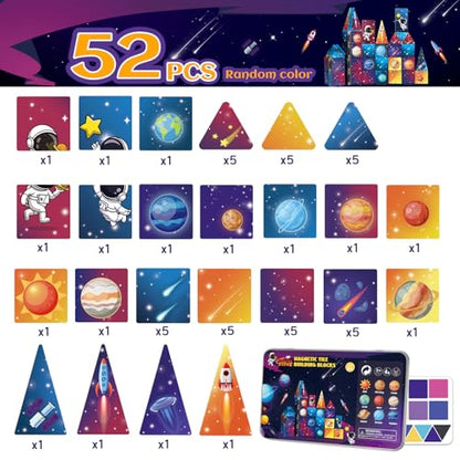 Mini Magnetic Tiles Travel Set, 31Pcs STEM Travel Magnatiles with Metal Case, Space Theme Educational & Creative Magnet Tiles for Kids