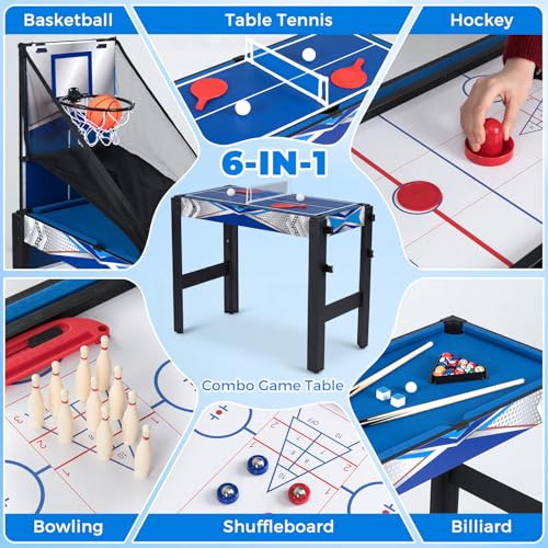 Goplus 6-in-1 Multi Game Table, Combo Game Table w/Basketball, Billiards, Ping Pong, Hockey, Shuffleboard, Bowling, Adults Space Saving Combination Game Table Set for Party, Game Room, Arcade