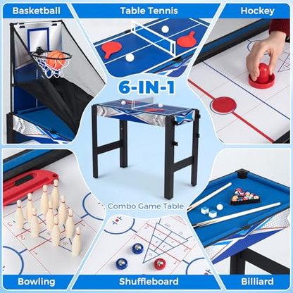 Goplus 6-in-1 Multi Game Table, Combo Game Table w/Basketball, Billiards, Ping Pong, Hockey, Shuffleboard, Bowling, Adults Space Saving Combination Game Table Set for Party, Game Room, Arcade