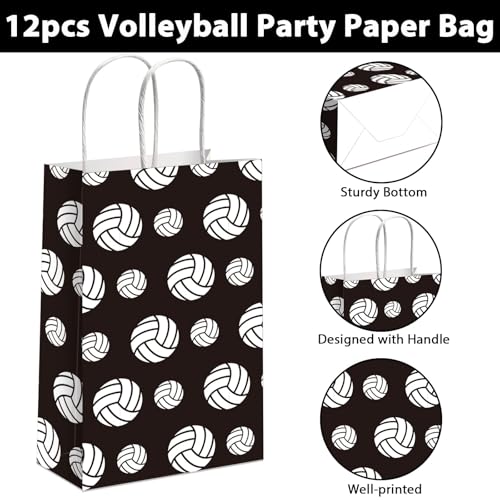 chiazllta 12 Pcs Volleyball Gift Bags for Team Black White Party Favor Paper Snack Goody Treat Bag with Handle Kids Boys Volleyball Kraft Candy Bags for Sport Theme Birthday Party Decorations Supplies - style: Volleyball