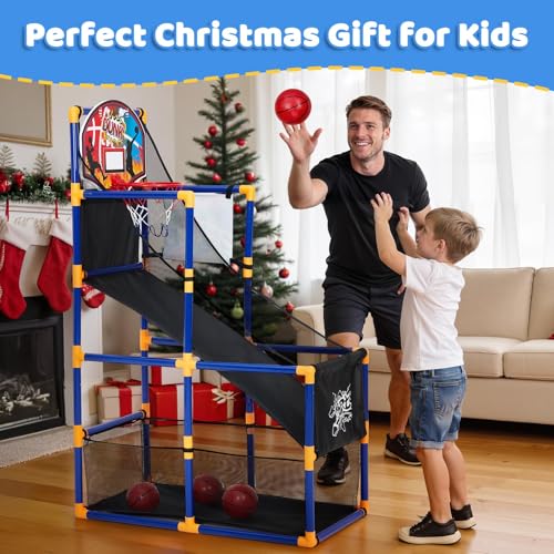 OUTLANE Kids Basketball Game Set, Basketball Hoop Stand for Kids, 56'' Basketball Shooting Toy with 4 Mini Balls, 6 and 1 Sticky Net, Indoor Outdoor Arcade Basketball Game for Boys and Girls