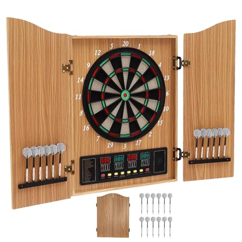 Electronic Dartboard Cabinet Set 4 LED Digital Scoreboards Dart Board with Built-in Cabinet and Dart Storage for 12 Soft Tip Darts Up to 16 Players Over 27 Games with 243 Options for Adults - color: #1 - Yellow