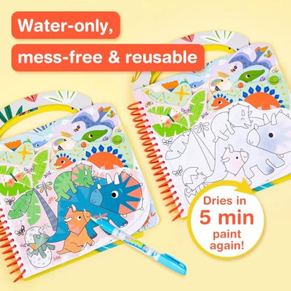 Avenir Reusable Water Coloring Book for Toddlers 3-5 – Mess-Free Paint-with-Water Travel Toy Airplane Activities Road Trip Quiet Book, Water-Reveal Activity Pad, 3-in-1 Creative Set - color: Dinosaur