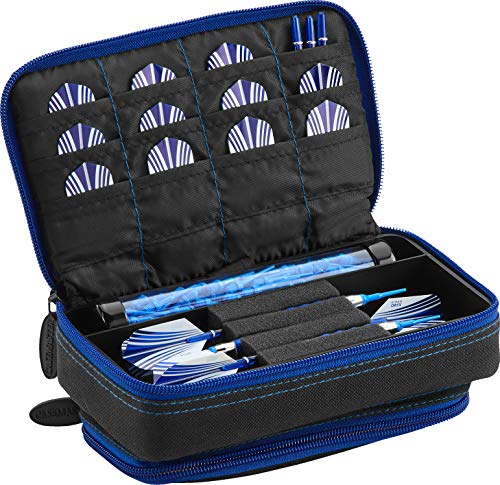 Casemaster Plazma Plus, 3 Dart Case for Soft and Steel Tip Darts Features Large Front Mobile Device Pocket, Built-in Storage Tube and Pockets for Flights, Tips, Shafts, and Personal Items - color: Sapphire Trim