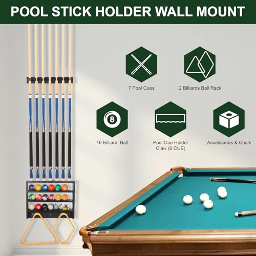 Pool Stick Holder - 7 Pool Cue Rack Wall Mount With Cue Rest and Ball holder, Wooden Pool Table Accessories Equipment Organizer, Billiard Cue Racks for Game Room Men Cave- Black - color: Black