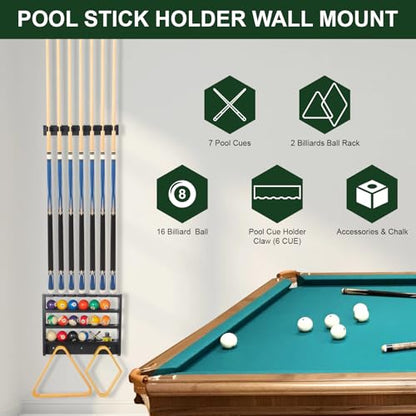 Pool Stick Holder - 7 Pool Cue Rack Wall Mount With Cue Rest and Ball holder, Wooden Pool Table Accessories Equipment Organizer, Billiard Cue Racks for Game Room Men Cave- Black - color: Black