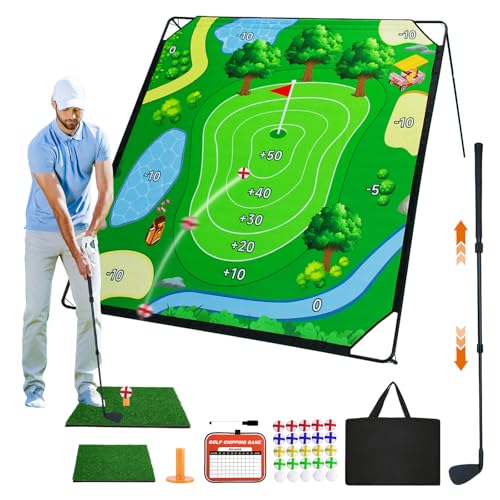 Portable Golf Chipping Game Set- 70"x70" Sticky Golf Mat Game with Adjustable Golf Club/Hitting Mat/25 Balls, Gifts for Adults, Kids, Golfers to Practice in Outdoor, Indoor or at Family Parties