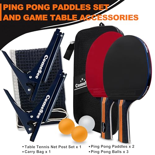 Comesee Ping Pong Net with Collapsible Clamps and Paddles Set, Table Tennis Rackets and Balls, Spring Activated Clip Posts and Storage Case
