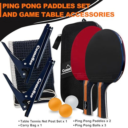 Comesee Ping Pong Net with Collapsible Clamps and Paddles Set, Table Tennis Rackets and Balls, Spring Activated Clip Posts and Storage Case