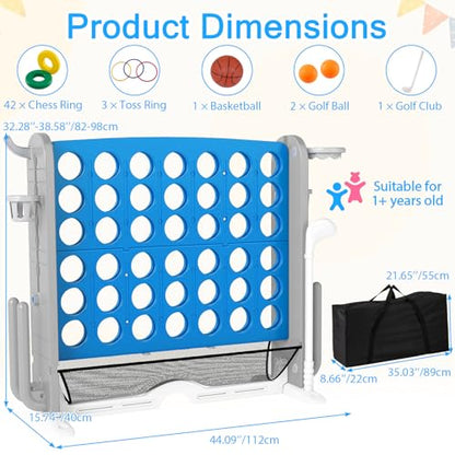 OLAKIDS Giant Connect Game Outdoor, 4 in A Row with Adjustable Height, Mesh Net, Carry Bag, Golf, Basketball Hoop, Ring Toss, Cup Holder for Kids Adults Indoor Backyard (Blue) - color: Blue
