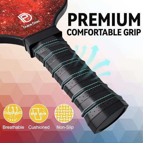 Dulce DOM Pickleball Paddles Set of 2/4 - USAPA Approved, 4 Indoor Outdoor Pickleball Balls, Fiberglass Surface Paddle Racket with Cover Bag, Ideal Training Equipment Gift for Men & Women - color: Red*2