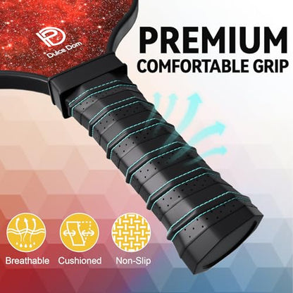 Dulce DOM Pickleball Paddles Set of 2/4 - USAPA Approved, 4 Indoor Outdoor Pickleball Balls, Fiberglass Surface Paddle Racket with Cover Bag, Ideal Training Equipment Gift for Men & Women - color: Red*2