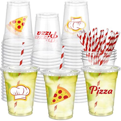 Newtay 60 Pcs 12oz Pizza Party Disposable Cups Bulk Pizza-themed Plastic Cups with Lids Straws Italian Party Favors for Birthday Baby Shower Decorations - style: Pizza