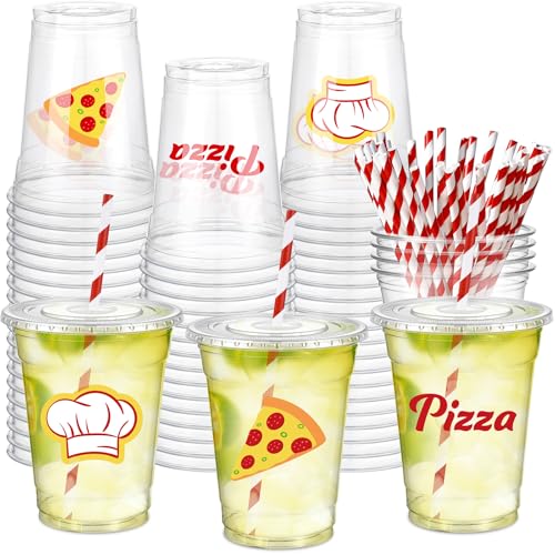 Newtay 60 Pcs 12oz Pizza Party Disposable Cups Bulk Pizza-themed Plastic Cups with Lids Straws Italian Party Favors for Birthday Baby Shower Decorations - style: Pizza