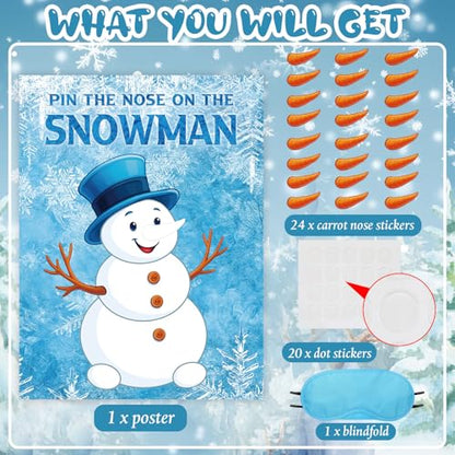 Faccito Pin The Nose On The Snowman Game Winter Party Games Snowman Poster Games with 24 Carrot Nose Stickers 1 Blindfold for Winter Holiday Birthday Party Activities Game Supplies - style: Snowman 2