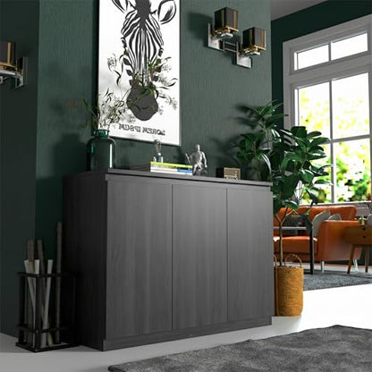 holzart 43" Dark Grey Buffet Cabinet Sideboard with Storage - Modern 3-Door Wood Grain Kitchen Cupboard & Coffee Bar Station for Dining Room, Living Room - Adjustable Shelf, 43.3" W x 31.5" H - color: Dark Grey