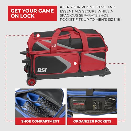 BSI Dash Roller Bowling Bag with Smooth Rolling Wheels, Padded Ball Compartment, Retractable Locking Handle, & Shoe Pocket - color: Black/Red/Gray, style: Triple