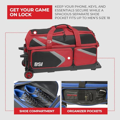 BSI Dash Roller Bowling Bag with Smooth Rolling Wheels, Padded Ball Compartment, Retractable Locking Handle, & Shoe Pocket - color: Black/Red/Gray, style: Triple