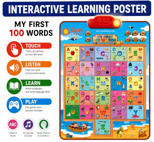 Just Smarty Interactive First 100 Words Learning Toys for 2 Year Olds | Educational First Words Alphabet Poster for Children | Learning Words for Toddlers ABC Chart | Alphabet Learning Toys for Kids - style: 100 Words