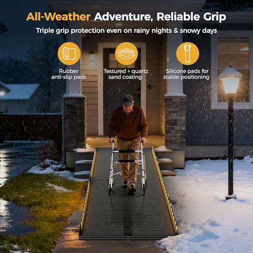CAMMOO 7 FT Portable Wheelchair Ramp-800LBS Heavy-Duty, High-Strength Aluminum Alloy with 4 Adjustable Legs, 4 Wheels, Triple Anti-Slip and Seamless Design, Ideal for Home Steps, Threshold, Doorways - size: 7 FT