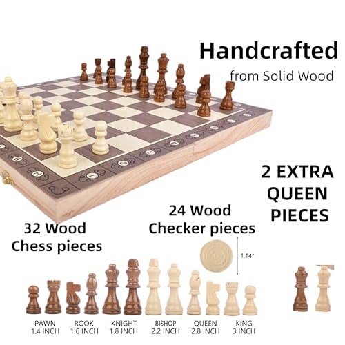 Magnetic Chess & Checkers Set 15", 2-in-1 Foldable Wooden Board | Melamine Surface, Exclusive Numbered Chess Board, Secure Storage Slots, Family Strategy Game for Kids and Adults