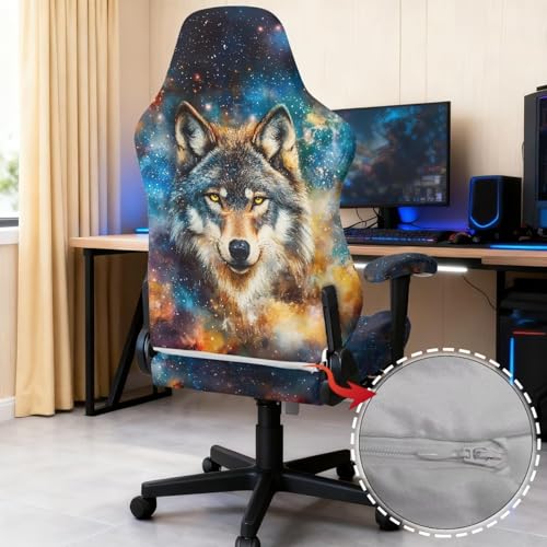 Suobstales Galaxy Wolf Pattern Gaming Chair Covers Waterproof Cat Scratch Proof Stretch Game Chair Cover with Armrest Anti-Scratch Protection for Ergonomic Gaming Rotating Desk Chair - color: Galaxy Wolf