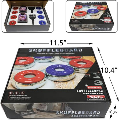 Shuffleboard Pucks and Sand Set - 2 1/8" Table Pucks with 2 Cans Wax | 2 Cans Medium Speed shuffleboard Sand and 53mm Pucks, Mini Brush / Dustpan,Color box packaging is the best choice for gifts