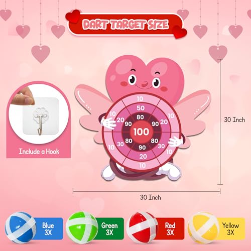 4E's Novelty Valentine Dart Board Game with 12 Sticky Balls - 30" Large Heart Kids Dart Board Indoor/Outdoor, School Valentine's Day Games for Kids Classroom Party Adult