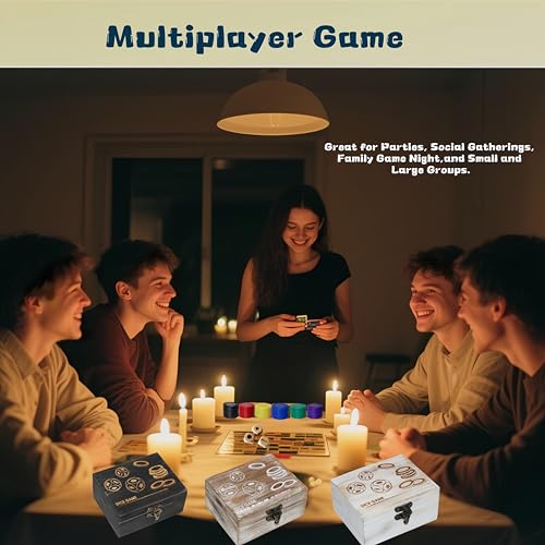 Left Right Roll Dice Game Set - 3 Wooden Dice & 72 Chips in Wooden Box | Portable Travel Party Game for Family, Friends, Adults (Rustic Brown)