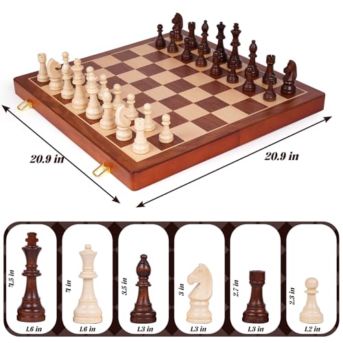 20 Inch Super Large Wooden Chess Set, Hand-Carved Wooden Chess Pieces with 4.5” King, Built-in Storage & 2 Extra Queens, Luxury Folding Tournament Chess Board Game for Adults and Kids